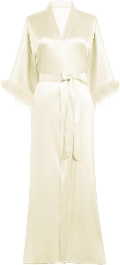 PRODESIGN Satin Kimono Robe Long Silky Bathrobe with Ostrich Feather Trim Sleepwear Wedding Bridesmaid Dressing Gown