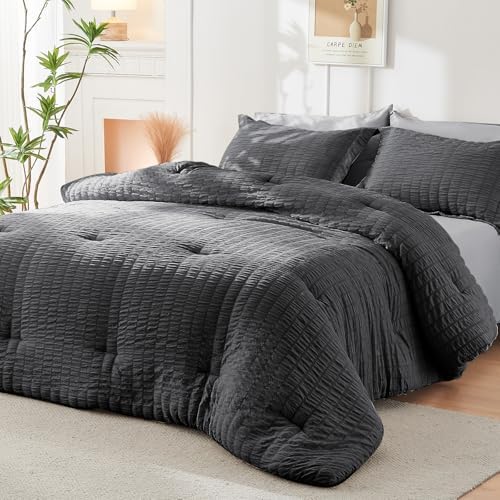 HYMOKEGE Dark Grey/Light Grey Oversized King Comforter Set Seersucker 7 Pieces - Image 7