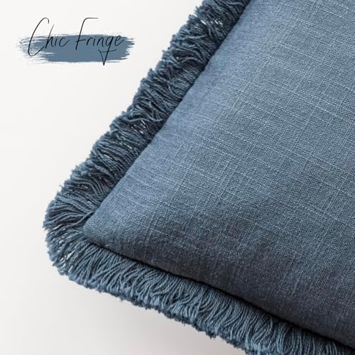 Foindtower Decorative Linen Fringe Throw Pillow Covers 24×24 Inch, Dark Blue - Image 3