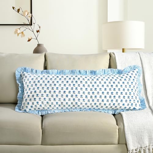 CPC Block Print Arctic Blue Ruffle Cotton Lumbar Pillow Cover 14x36 inch by COTTONPRINTCLUB
