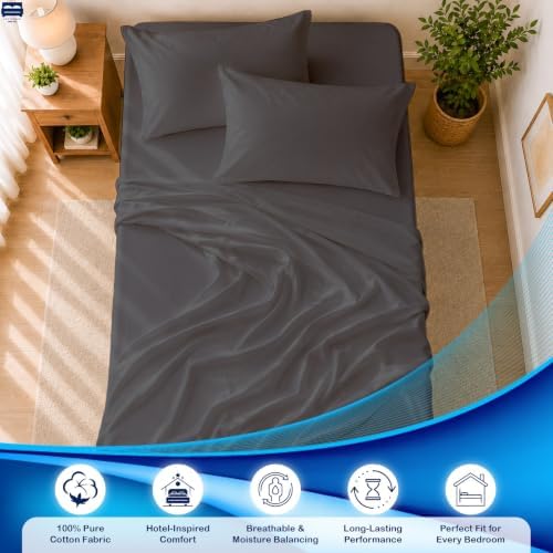 Cottingon 4 PC Cot Sheet Set 30"X75", Egyptian Cotton, Dark Grey - Image 3