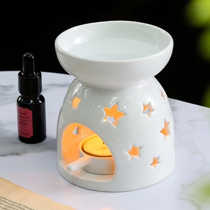 HwaGui Ceramic Tea Light Holder,Aromatherapy Oil Burner Candle Warmers Home Decoration Romantic White Star Pattern, 2PCS