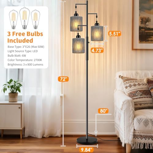 Hotsonic 72" Boho Rattan Tree Floor Lamp, Tall Dimmable Industrial Standing Lamp, Corner Decor Accent Lighting for Living Room, Bedroom, Dining Room, Nursery, Cafe (3 x 800LM Bulbs Included) - Black - Image 4