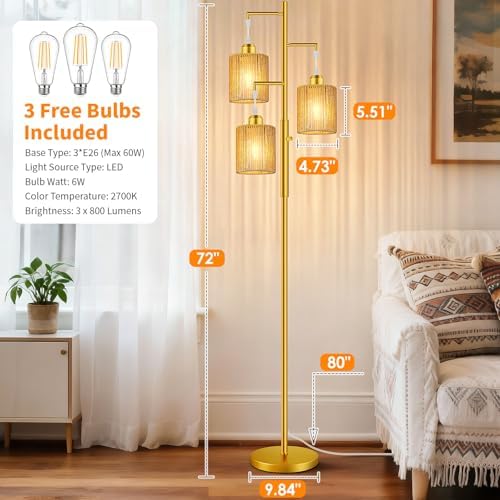 Hotsonic 72" Boho Rattan Tree Floor Lamp, Tall Dimmable Industrial Standing Lamp, Corner Decor Accent Lighting for Living Room, Bedroom, Dining Room, Nursery, Cafe (3 x 800LM Bulbs Included) - Gold - Image 6