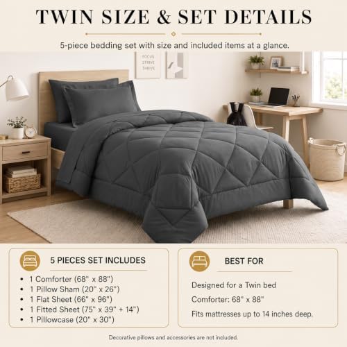 CozyLux Twin Comforter Set 68"x88" Dark Grey - Image 2