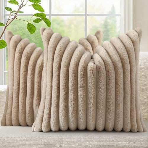decorUhome Fall Faux Fur Throw Pillow Covers 18x18 Set of 2 Khaki Brown by decorUhome