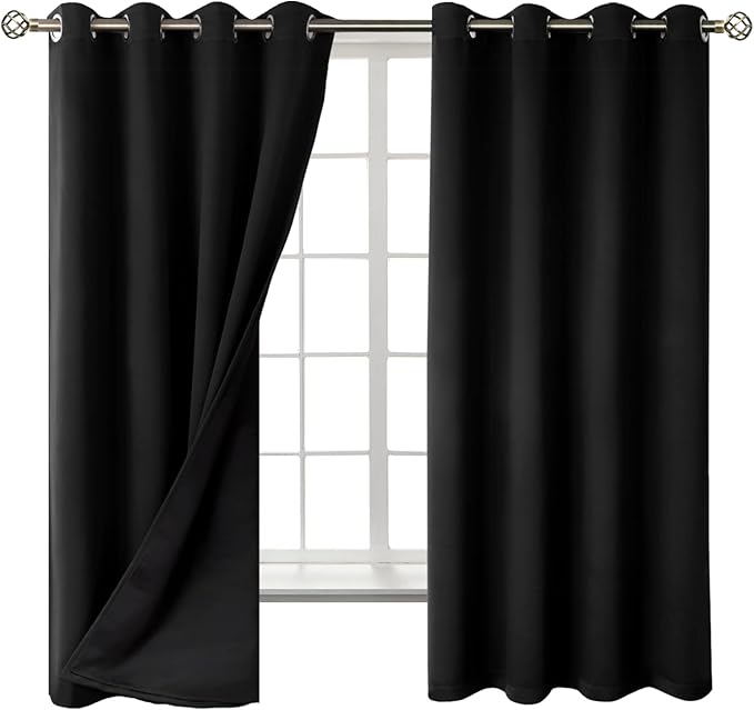 BGment Thermal Insulated 100% Blackout Curtains for Bedroom with Black Liner, Double Layer Full Room Darkening Noise Reducing Grommet Curtain (52 x 63 Inch, Black, 2 Panels)