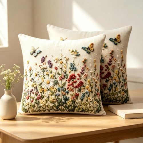 2D Flat Meadow Butterfly Linen Throw Pillow Covers 18x18 Set of 2 - Image 7
