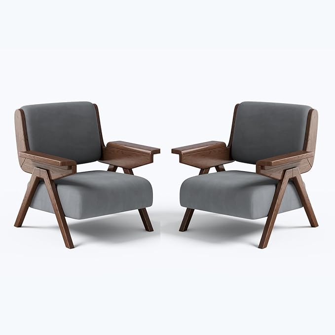Mid Century Modern Accent Chair, Fabric Upholstered Lounge Arm Chair with Solid Wood Frame for Living Room, Bedroom, Office, Reading Corner (Gray, Set of 2)