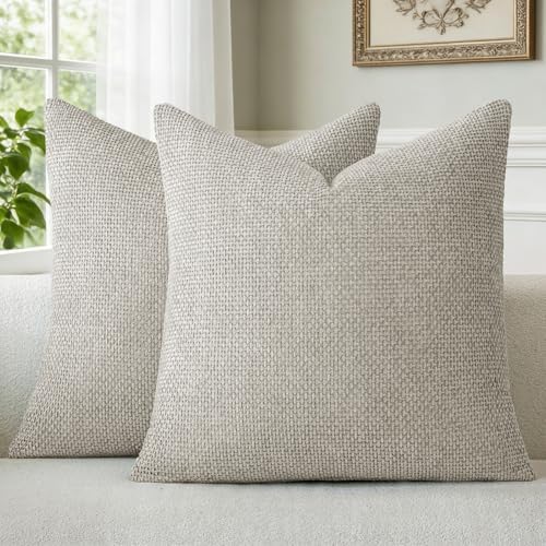 a moment Grey-Beige Chenille Throw Pillow Covers 20x20 Inch Pack of 2 Modern by amoment