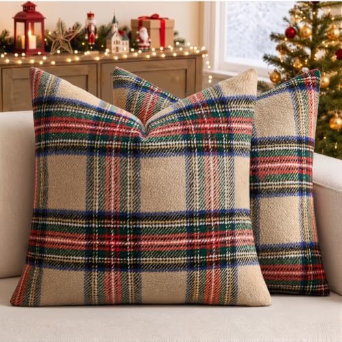EMEMA Christmas Plaid Pillow Covers 20x20 Set of 2, Tartan Throw Pillow Covers by EMEMA