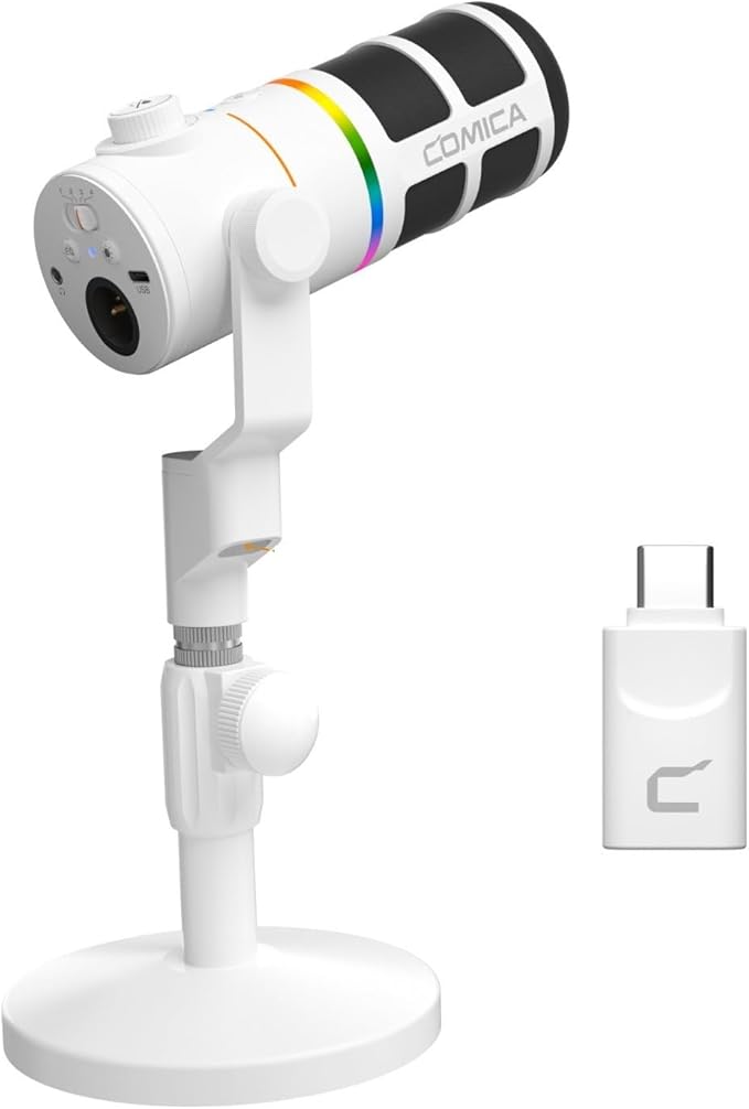 COMICA D10 Pro D Wireless/XLR/USB Dynamic Microphone with Receiver Desktop Stand- Dual Channel Cardioid Mic, 45H Battery, RGB Lights, CalMix Denoise for Gaming/Streaming/PD(PC, PS4/5, Mac,Phone-White