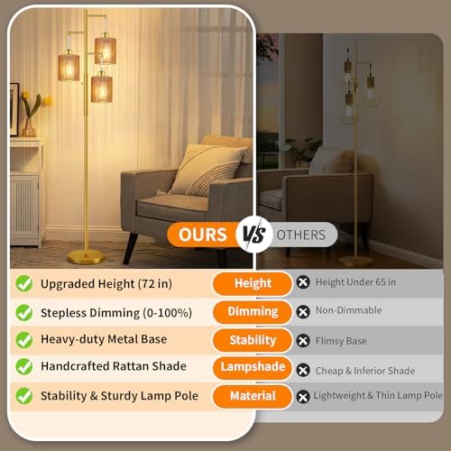 Hotsonic 72" Boho Rattan Tree Floor Lamp, Tall Dimmable Industrial Standing Lamp, Corner Decor Accent Lighting for Living Room, Bedroom, Dining Room, Nursery, Cafe (3 x 800LM Bulbs Included) - Gold - Image 2