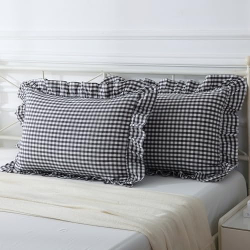 Mywinlle Black/White Plaid Gingham Ruffle Pillow Shams Queen Size 20"x30" - Image 2