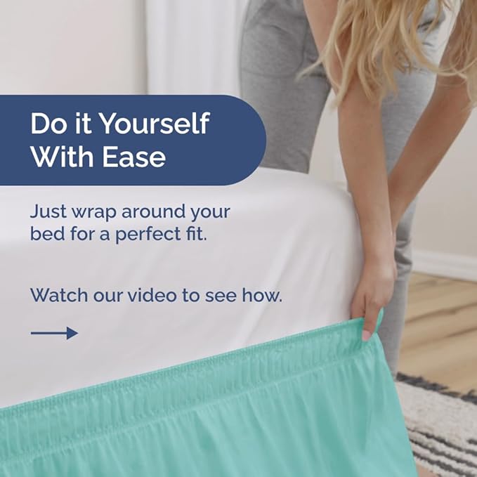 Wrap Around Dust Ruffle Bed Skirt - Spa Blue - for Queen Size Beds with 24 Inch Drop - Elastic Strap - Adjustable Pleated Bedskirt with Brushed Fabric and Wrinkle Free - for Women, Men, Kids & Teens