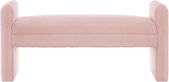 24KF Modern Upholstered Bed Bench Covered with Soft Boucle Teddy Fabric, Lovely Entryway Bench Ottoman with Armrest, 5062-Pink