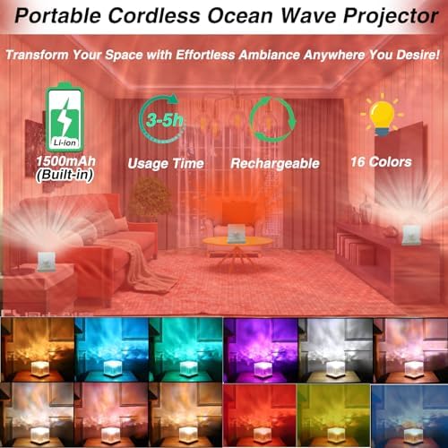 Ocean Wave Projector Light Cordless – Built-in Rechargeable Battery Water Ripple Lamp, 16 Color RGB Ambient Night Light for Bedroom Ceiling, Relaxation Mood Lighting Room Decor - Image 2