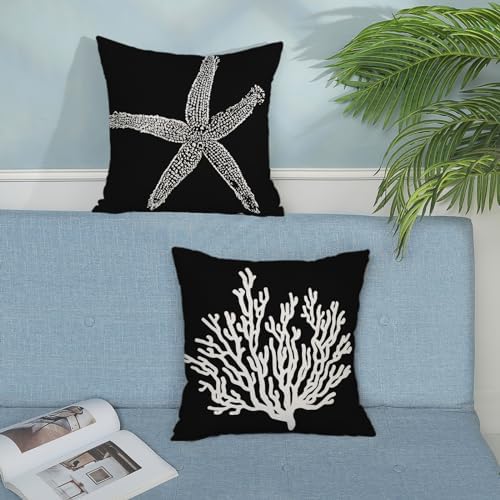 Coastal Pillow Covers 16x16 Set of 2 Black Starfish Throw Pillows Nautical - Image 3