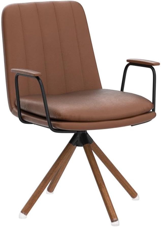 Art Leon Desk Chair No Wheels, Set of 2, Mid Century Modern Swivel Chair with Oak Wood Legs, Faux Leather Home Office Desk Chairs for Bedroom Living Room, Yellow Brown