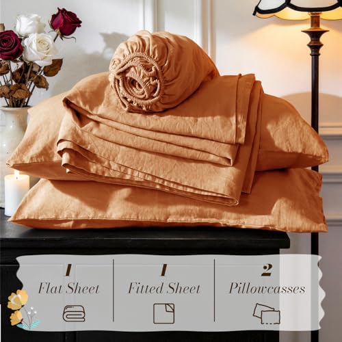 SONORO KATE 100% French Linen Queen Size Sheets Set, Natural Flax Bedding - Image 7