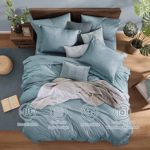 Monbix Queen Comforter Set 7 Pieces Dusty Blue Cationic Dyeing Bed in a Bag - Image 5