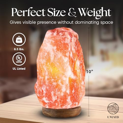 UMAID Himalayan Salt Lamp 8–10"(7–11 lb) Dimmable Pink Rock Salt Lamp with Wooden Base & Night Light Bulb, Spa Decor for Meditation Room, Massage Stones Ambiance, Desk & Bedroom,Gifts for Men & Women - Image 3