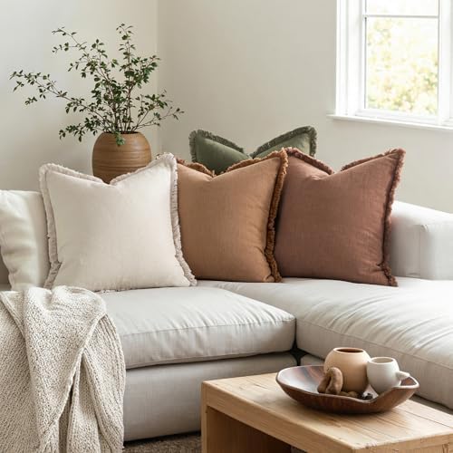 MIULEE Fall Linen Fringe Pillow Covers Set of 4 20x20 Beige/Brown/Green - Image 4