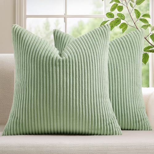 Mecatny Corduroy Decorative Throw Pillow Covers 16x16 Set of 2 Sage Green by Mecatny