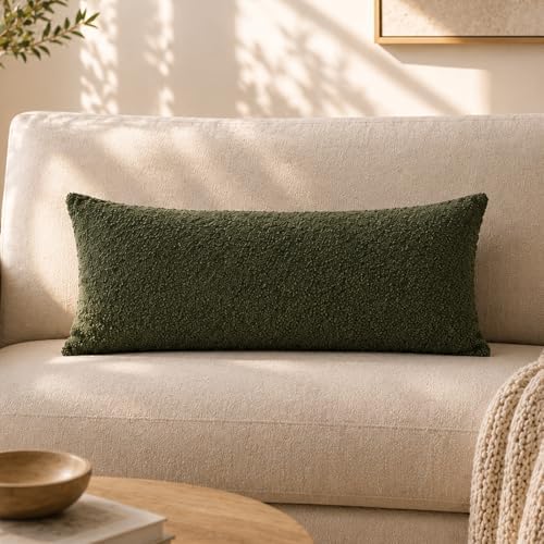 JoraLion 14x26 inch Boucle Lumbar Pillow Cover, Army Green Woven Texture by JoraLion
