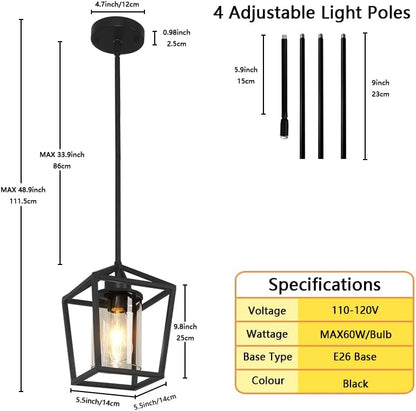 1 Pack Black Pendant Light Fixture Farmhouse Iron Cage Metal Pendant Light Lantern Hanging Light Fixtures with Clear Glass Shade for Kitchen Island, Dining Room, Hallway,Entryway1