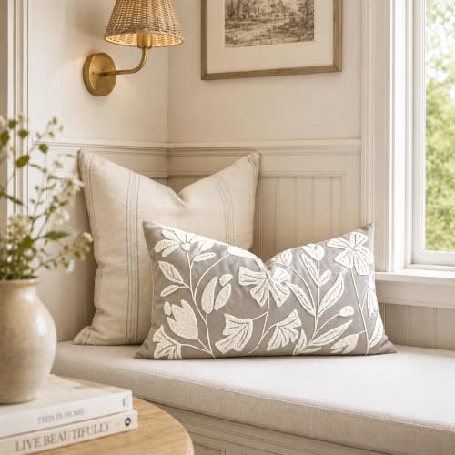 BlissBlush Lumbar Pillow Cover 12x20 Inch, Light Gray Floral Tufted Velvet - Image 5