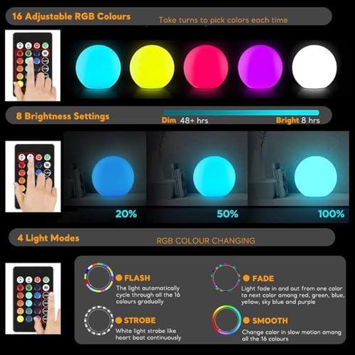 Glowing LED Ball Light with Remote, 8 inch Rechargeable Globe Orb Lamp - Image 5
