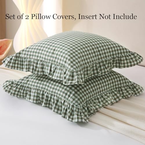 Silnuo 2 Pack Sage Green/White Plaid Ruffle Throw Pillow Covers Farmhouse - Image 5