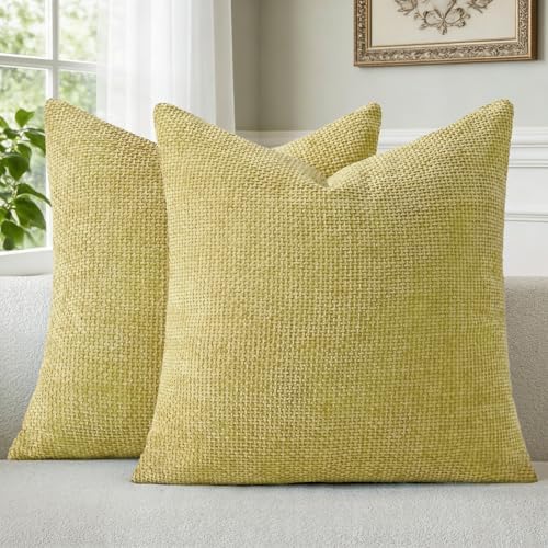 a moment Yellow-Green Chenille Throw Pillow Covers 20x20 Inch Pack of 2 Modern by amoment