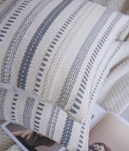 Cethom Grey Boho Throw Pillow Covers 18x18 Inch Set of 2, Stripe Textured - Image 3