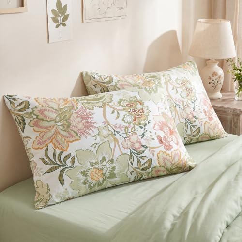 Bedorm 100% Cotton Pillowcases Set of 2 King Size Floral Pillow Cover Green - Image 3
