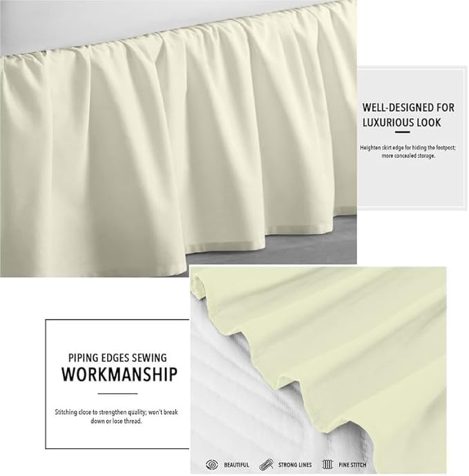 Rajlinen Ruffled Bed Skirt Twin, 12 Inch Drop Dust Ruffle with Split Corners, 100% Microfiber Bedskirt with Platform, Three-Sided Coverage Ruffled Gathering Design, Ivory