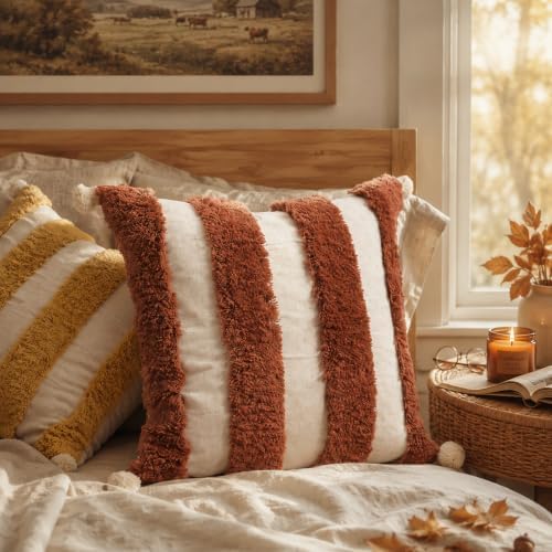 Boho Throw Pillow Covers 18x18 Tufted Home Decorations Dark Rust - Image 2