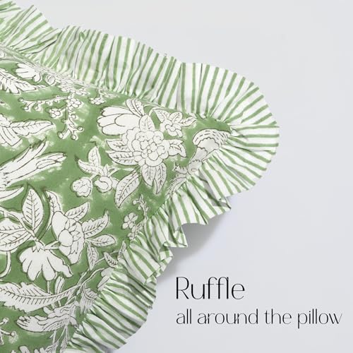 CPC Block Print Olive Green Ruffle Cotton Lumbar Pillow Cover 14x36 inch - Image 5