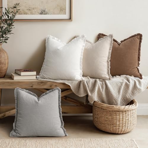 MIULEE Fall Linen Fringe Pillow Covers Set of 4 18x18 Beige/Brown/Grey - Image 2