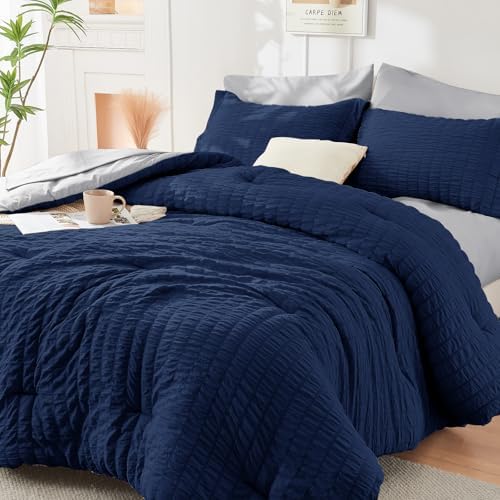 HYMOKEGE Navy Blue/Light Grey Oversized Queen Comforter Set Seersucker 7 Pieces by HYMOKEGE