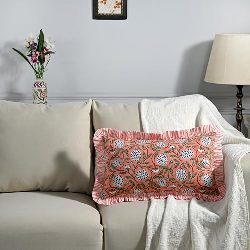 Ridhi Block Print Dark Salmon Pink Ruffle Lumbar Pillow Shams - Image 2