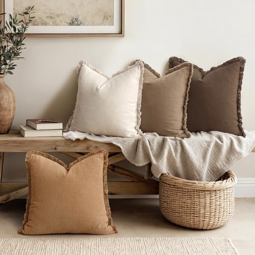 MIULEE Fall Linen Fringe Pillow Covers Set of 4 18x18 Neutral Brown - Image 2