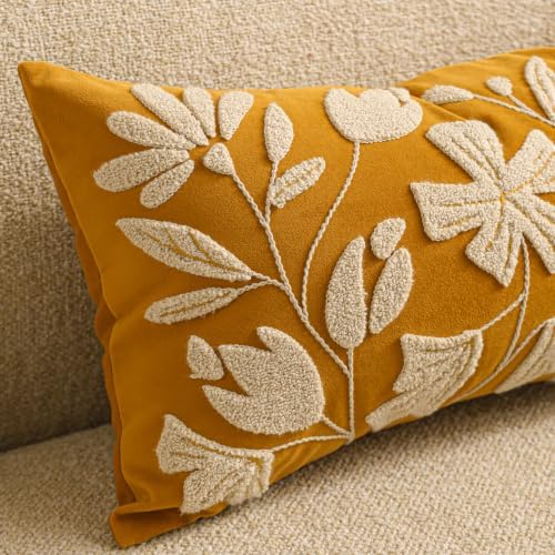 BlissBlush Lumbar Pillow Cover 12x20 Inch, Mustard Floral Tufted Velvet - Image 7