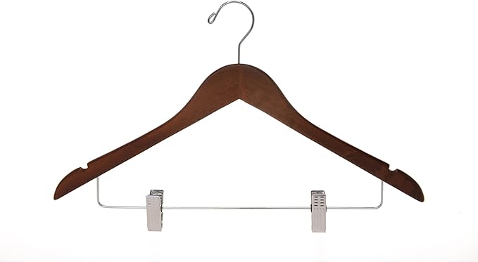 Quality Wooden Skirt Hangers with Clips Smooth Solid Wood Pants Hangers with Durable Adjustable Metal Clips, Swivel Hook, Coat, Jacket, Blouse Suit Hangers (Walnut - Chrome Hook, 20)