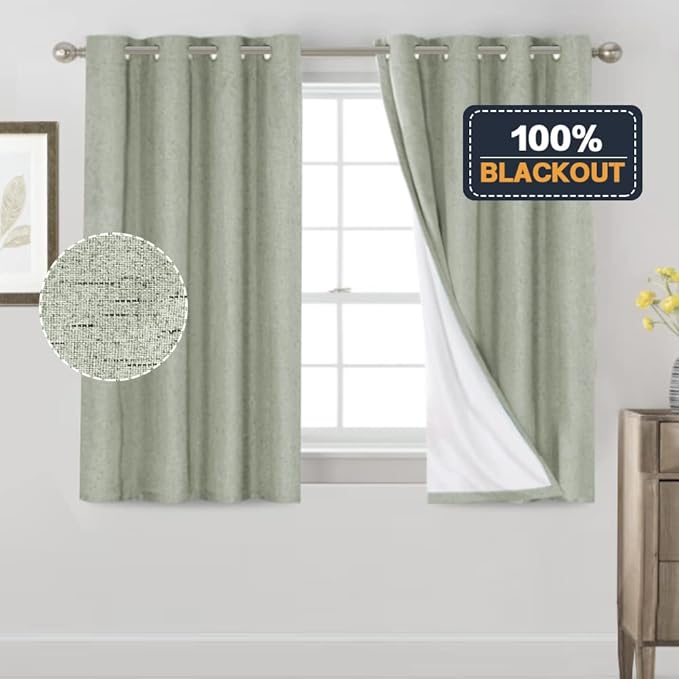 PrinceDeco Sage 100% Blackout Curtains 54" Long Blackout Curtains for Bedroom Linen Texture Solid Thermal Insulated with White Liner Luxury Decor for Nursery 52x54 Inch (2 Panels)