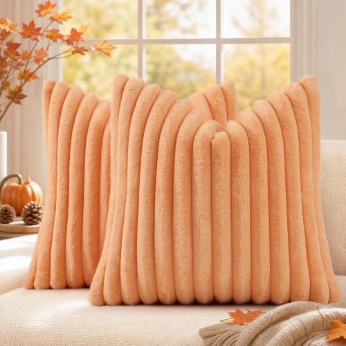 decorUhome Fall Faux Fur Throw Pillow Covers 26x26 Set of 2 Light Orange by decorUhome