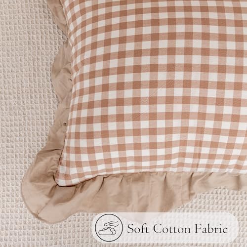 JoraLion Ruffled Lumbar Pillow Cover 14x36 Gingham Khaki Solid Edge - Image 3