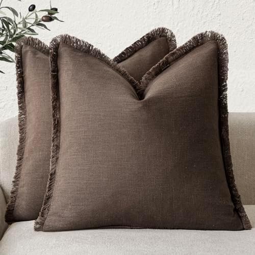 Foindtower Decorative Linen Fringe Throw Pillow Covers 20×20 Reddish Brown by Foindtower
