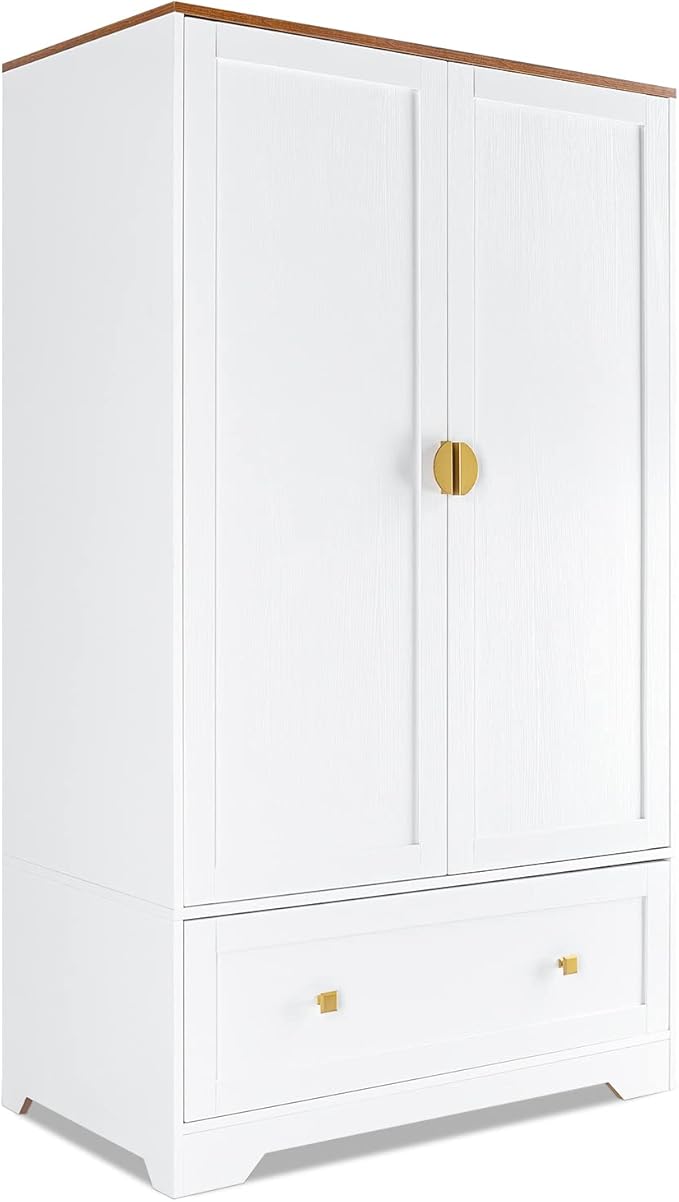VINGLI 38" Wide Wardrobe Closet, White Armoire Wardrobe with Hanging Rod, Shelves and Drawer, Freestanding Closet Armoire Cabinet,Armoires and Wardrobes with Doors for Bedroom,Dorm,21"D x 38"W x 65"H